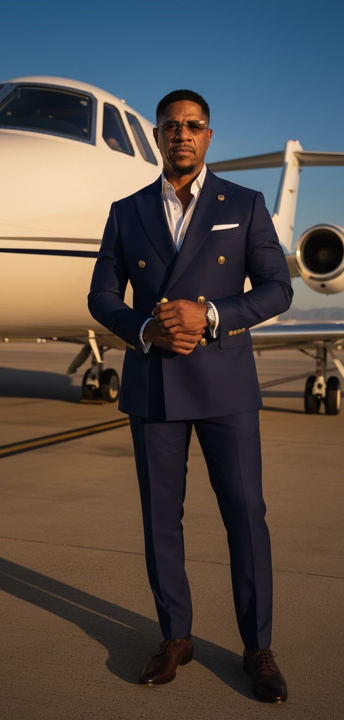 Man in a navy double-breasted suit posing on a tarmac before a white private jet.